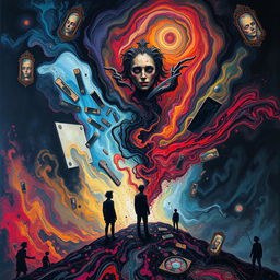 A surreal and abstract representation of a psycho-themed artwork, utilizing swirling colors, chaotic patterns, and distorted figures to evoke a sense of madness and intensity