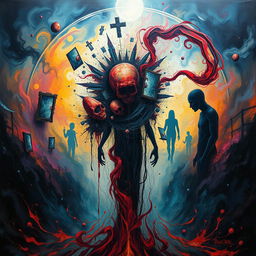 A surreal and abstract representation of a psycho-themed artwork, utilizing swirling colors, chaotic patterns, and distorted figures to evoke a sense of madness and intensity