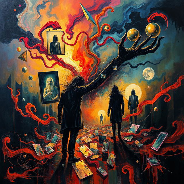 A surreal and abstract representation of a psycho-themed artwork, utilizing swirling colors, chaotic patterns, and distorted figures to evoke a sense of madness and intensity