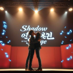 Two Korean guys kissing with a romantic expression, standing on a stage under bright spotlights that cast a warm glow around them