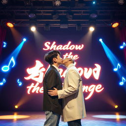 Two Korean guys kissing with a romantic expression, standing on a stage under bright spotlights that cast a warm glow around them