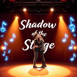 Two Korean guys kissing with a romantic expression, standing on a stage under bright spotlights that cast a warm glow around them