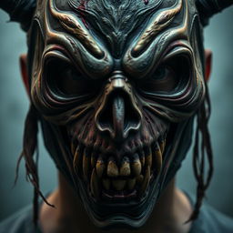 A chilling close-up portrait of a man wearing a terrifying horror mask, intricately designed with exaggerated features such as sharp teeth, deep-set hollow eyes, and unsettling textures