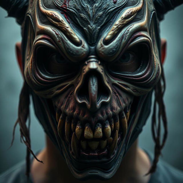 A chilling close-up portrait of a man wearing a terrifying horror mask, intricately designed with exaggerated features such as sharp teeth, deep-set hollow eyes, and unsettling textures