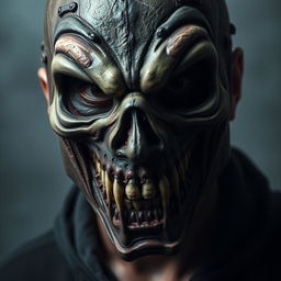 A chilling close-up portrait of a man wearing a terrifying horror mask, intricately designed with exaggerated features such as sharp teeth, deep-set hollow eyes, and unsettling textures