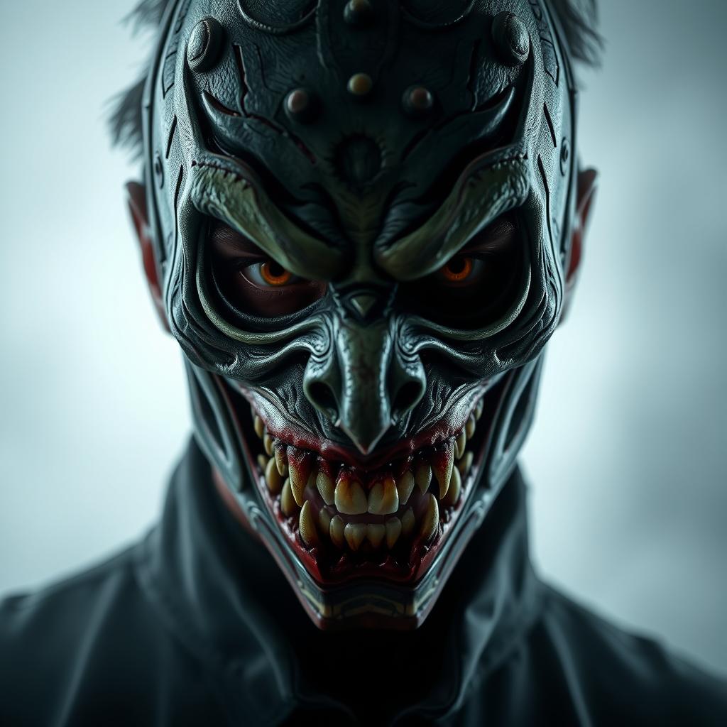 A chilling close-up portrait of a man wearing a terrifying horror mask, intricately designed with exaggerated features such as sharp teeth, deep-set hollow eyes, and unsettling textures