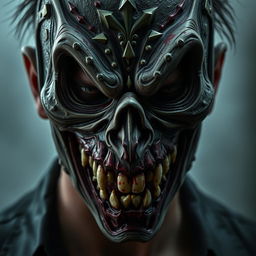 A chilling close-up portrait of a man wearing a terrifying horror mask, intricately designed with exaggerated features such as sharp teeth, deep-set hollow eyes, and unsettling textures