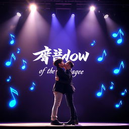 Two Korean guys kissing passionately on a stage, enveloped in bright spotlights that illuminate their intimate moment