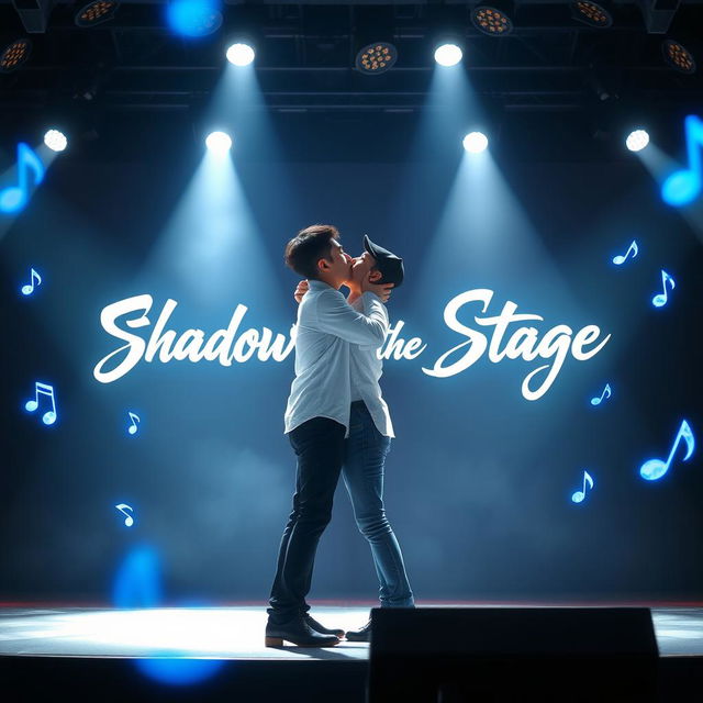 Two Korean guys kissing passionately on a stage, enveloped in bright spotlights that illuminate their intimate moment