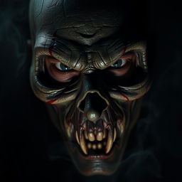 A haunting close-up of a man wearing a horror mask that features exaggerated grotesque traits such as sharp fangs, hollow eyes, and cracked, aged skin