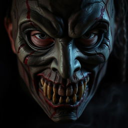 A haunting close-up of a man wearing a horror mask that features exaggerated grotesque traits such as sharp fangs, hollow eyes, and cracked, aged skin