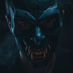A haunting close-up of a man wearing a horror mask that features exaggerated grotesque traits such as sharp fangs, hollow eyes, and cracked, aged skin