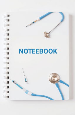A notebook cover design featuring medical instruments such as stethoscopes and syringes, creating a clinical and professional look