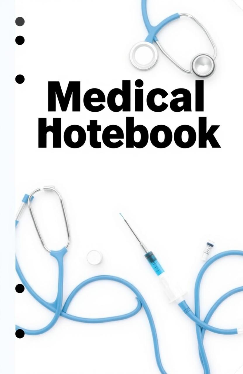 A notebook cover design featuring medical instruments such as stethoscopes and syringes, creating a clinical and professional look