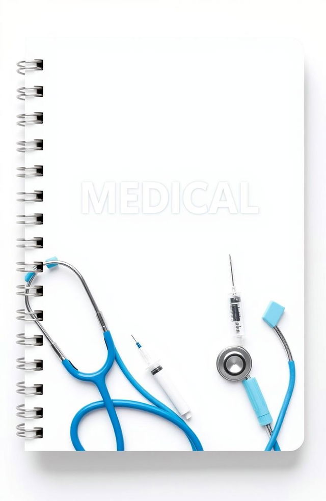 A notebook cover design featuring medical instruments such as stethoscopes and syringes, creating a clinical and professional look