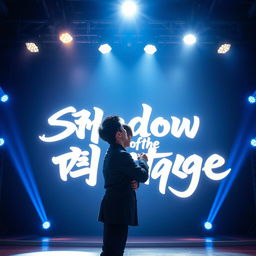 Two Korean guys kissing tenderly on a stage, surrounded by bright spotlights that illuminate their embrace, highlighting their connection
