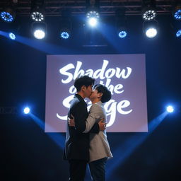 Two Korean guys kissing tenderly on a stage, surrounded by bright spotlights that illuminate their embrace, highlighting their connection