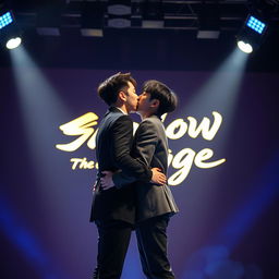 Two Korean guys kissing tenderly on a stage, surrounded by bright spotlights that illuminate their embrace, highlighting their connection