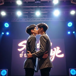 Two Korean guys kissing tenderly on a stage, surrounded by bright spotlights that illuminate their embrace, highlighting their connection