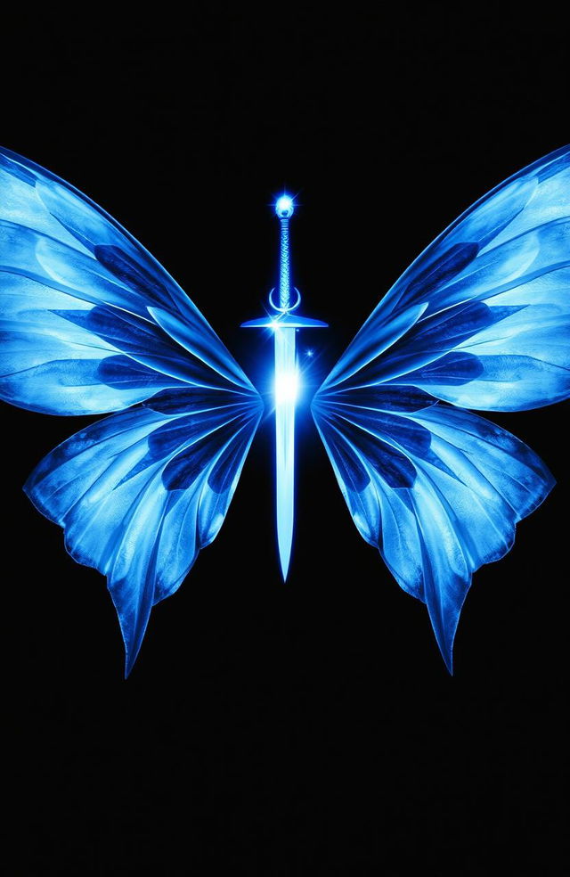 On a black background, at the center of the covers, there are light blue fairy wings extending outward, radiating a magical glow