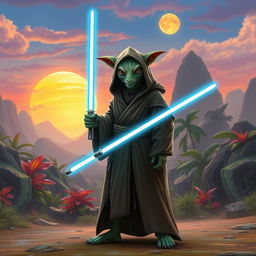 A Gungan Jedi standing in a lush alien landscape, wearing a traditional Jedi robe with a hood, holding a glowing blue lightsaber