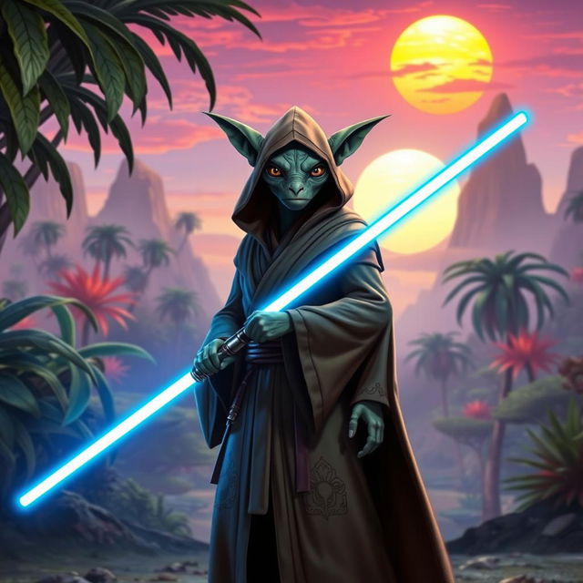 A Gungan Jedi standing in a lush alien landscape, wearing a traditional Jedi robe with a hood, holding a glowing blue lightsaber