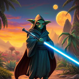 A Gungan Jedi standing in a lush alien landscape, wearing a traditional Jedi robe with a hood, holding a glowing blue lightsaber