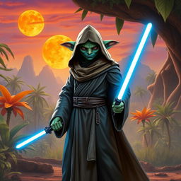 A Gungan Jedi standing in a lush alien landscape, wearing a traditional Jedi robe with a hood, holding a glowing blue lightsaber