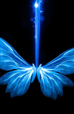 On a black background, at the center, there are light blue fairy wings spreading outwards, emanating a magical glow