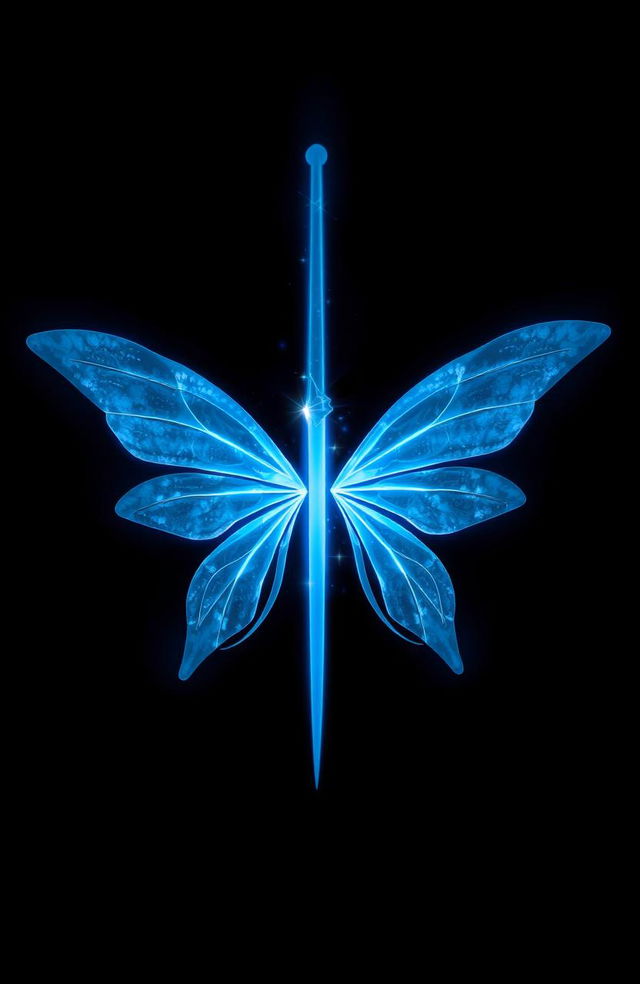 On a black background, at the center, there are light blue fairy wings spreading outwards, emanating a magical glow