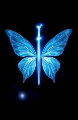 On a black background, at the center, there are light blue fairy wings spreading outwards, emanating a magical glow