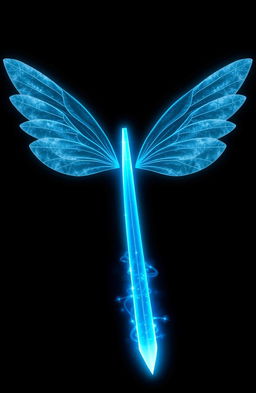 On a black background, at the center, there are light blue fairy wings spreading outwards, emanating a magical glow