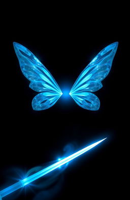 On a black background, centered are light blue fairy wings radiating outwards, surrounded by a magical glow