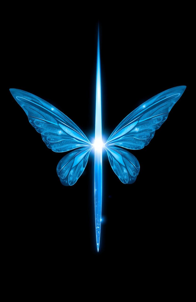 On a black background, centered are light blue fairy wings radiating outwards, surrounded by a magical glow