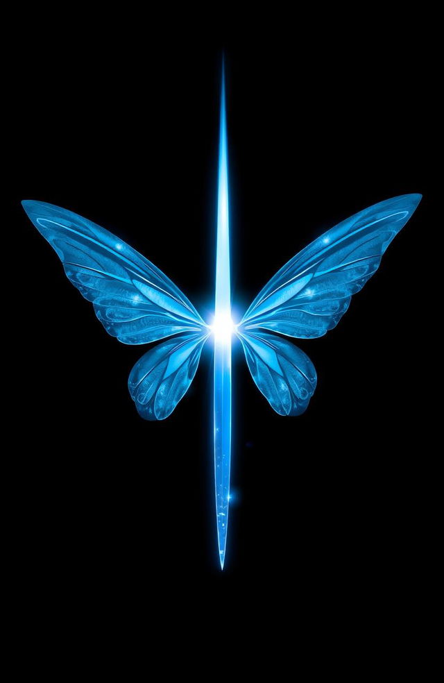 On a black background, centered are light blue fairy wings radiating outwards, surrounded by a magical glow