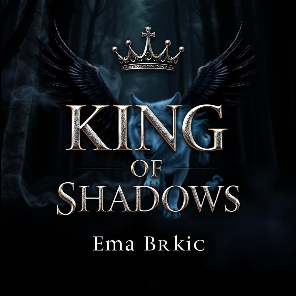 A captivating book cover for 'King of Shadows', featuring an eye-catching title rendered in shiny metallic letters that gleam with sophistication