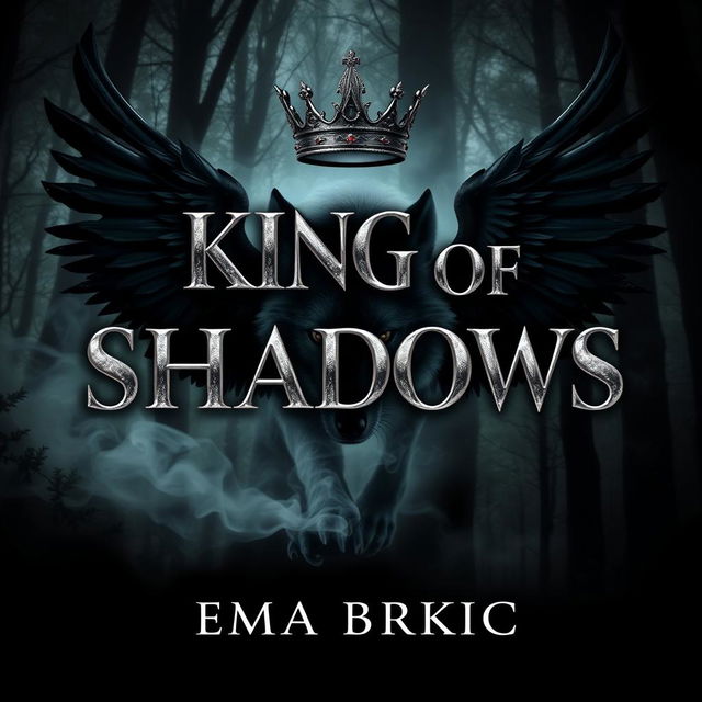 A captivating book cover for 'King of Shadows', featuring an eye-catching title rendered in shiny metallic letters that gleam with sophistication