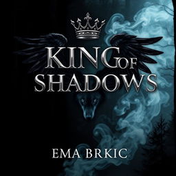 A captivating book cover for 'King of Shadows', featuring an eye-catching title rendered in shiny metallic letters that gleam with sophistication