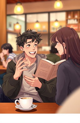 A young male protagonist sitting at a cozy coffee shop, animatedly sharing a story with his friend