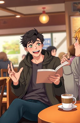 A young male protagonist sitting at a cozy coffee shop, animatedly sharing a story with his friend