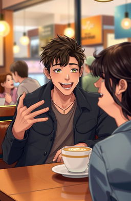 A young male protagonist sitting at a cozy coffee shop, animatedly sharing a story with his friend