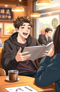 A young male protagonist sitting at a cozy coffee shop, animatedly sharing a story with his friend