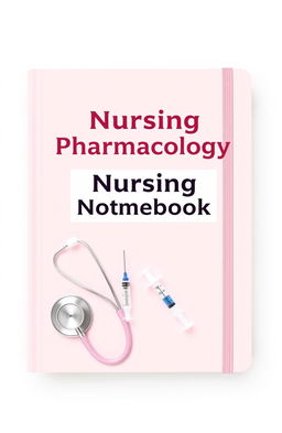 Book cover design for a low-content notebook titled 'Nursing Pharmacology Notebook', featuring medical instruments like stethoscopes and syringes in a clinical and professional style