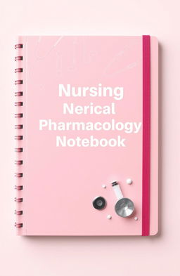 Book cover design for a low-content notebook titled 'Nursing Pharmacology Notebook', featuring medical instruments like stethoscopes and syringes in a clinical and professional style