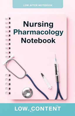 Book cover design for a low-content notebook titled 'Nursing Pharmacology Notebook', featuring medical instruments like stethoscopes and syringes in a clinical and professional style