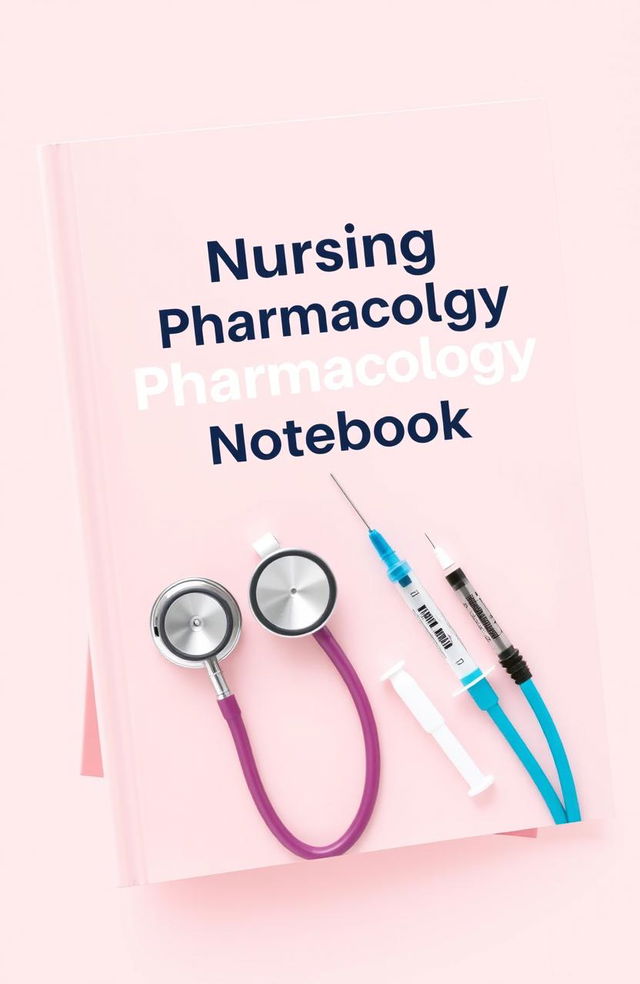 Book cover design for a low-content notebook titled 'Nursing Pharmacology Notebook', featuring medical instruments like stethoscopes and syringes in a clinical and professional style