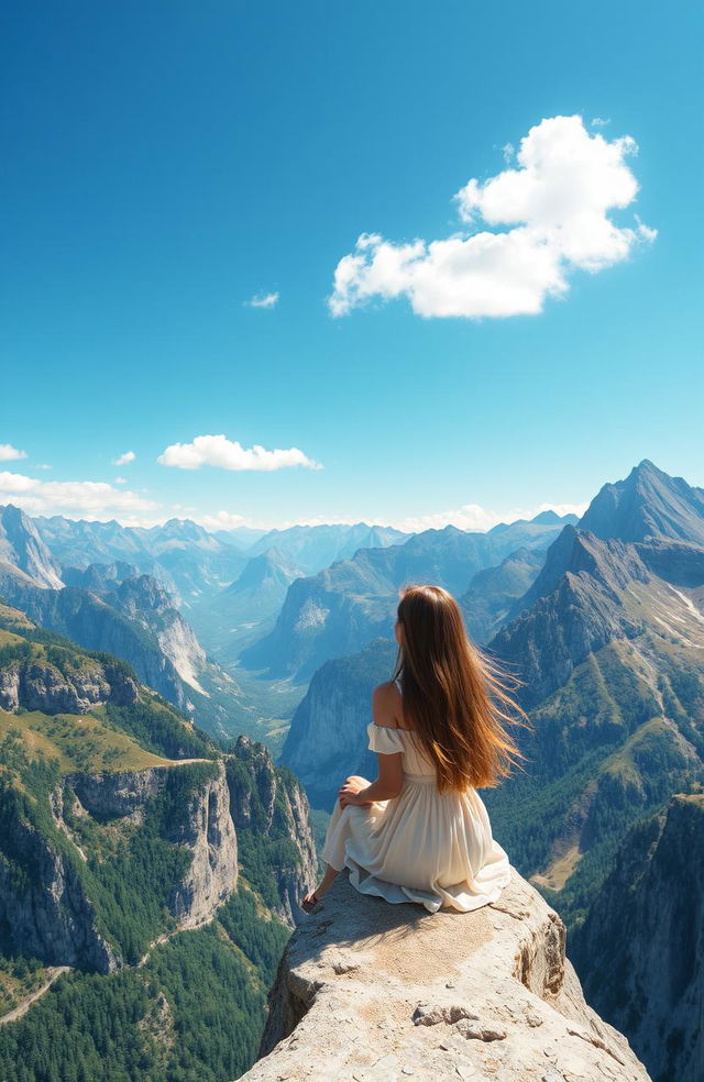 A girl sitting on the edge of a majestic cliff, gazing at the breathtaking mountains in the distance