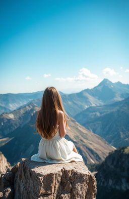 A girl sitting on the edge of a majestic cliff, gazing at the breathtaking mountains in the distance