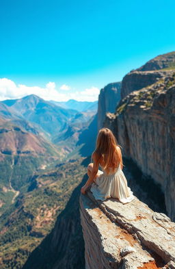A girl sitting on the edge of a majestic cliff, gazing at the breathtaking mountains in the distance