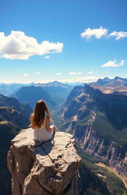 A girl sitting on the edge of a majestic cliff, gazing at the breathtaking mountains in the distance